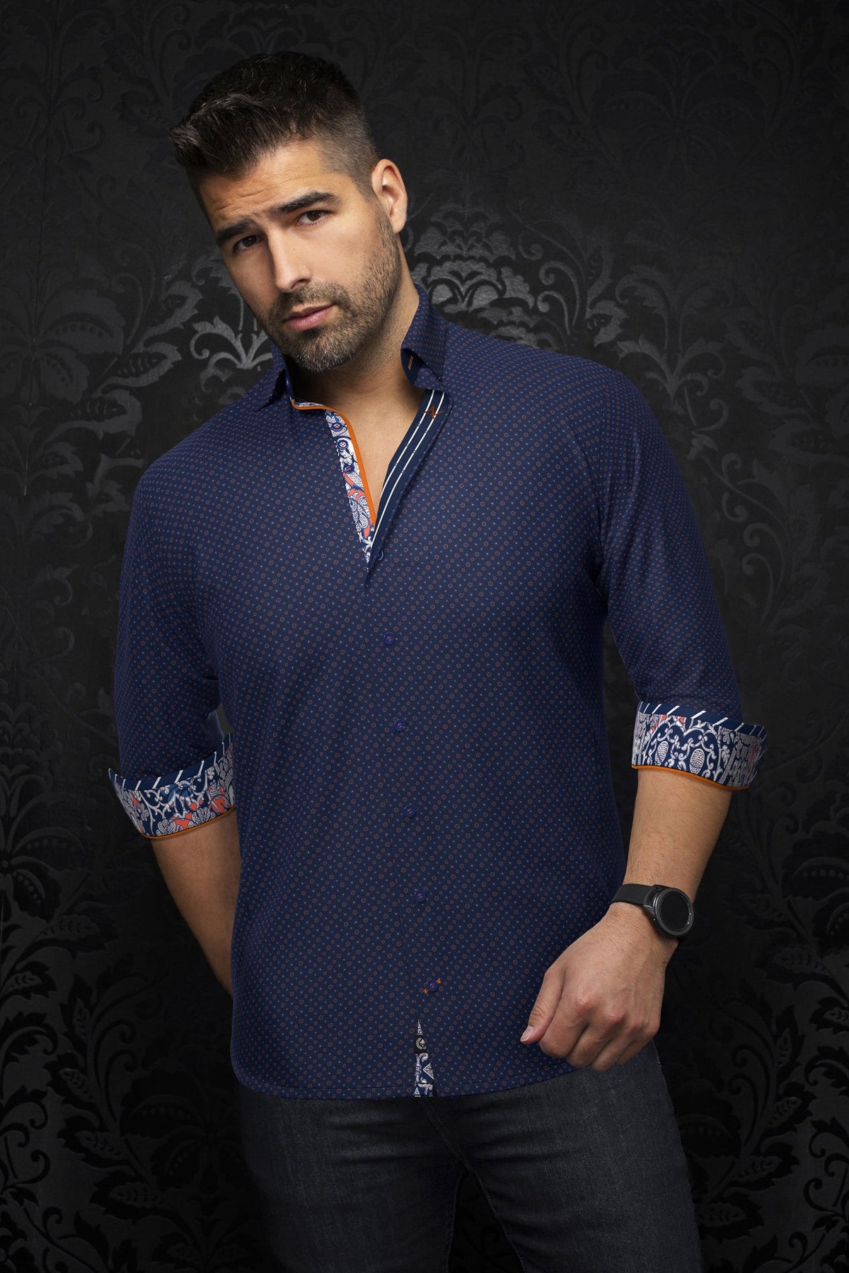 Chemise manches longues pour homme par Au Noir | CARELLI Bleu Marine Orange | Machemise.ca, inventaire complet de la marque Au Noir