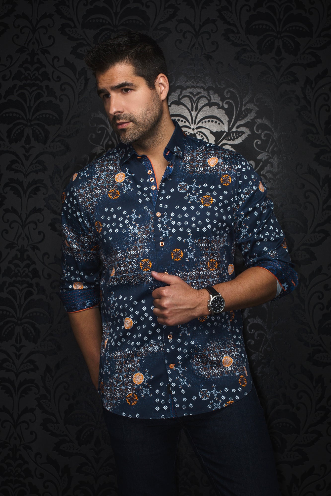 Chemise manches longues pour homme par Au Noir | FLORIANI Bleu Marine Orange | Machemise.ca, inventaire complet de la marque Au Noir