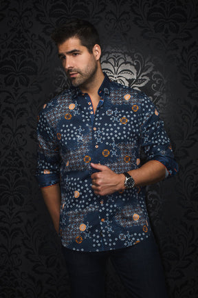 Chemise manches longues pour homme par Au Noir | FLORIANI Bleu Marine Orange | Machemise.ca, inventaire complet de la marque Au Noir